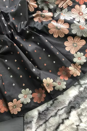 Black Assami style of silk bland copper golden and silver zari weaving saree with Blouse