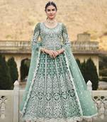 Light cyan floral embroidered  front & back heavy coding & stone work net anarkali style gown