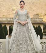 Grey floral embroidered  front & back heavy coding & stone work net anarkali style gown