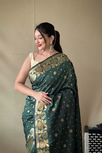 Women Green Soft Banarasi silk blend Saree Zari Weaving Rich Pallu Saree With Blouse For Women