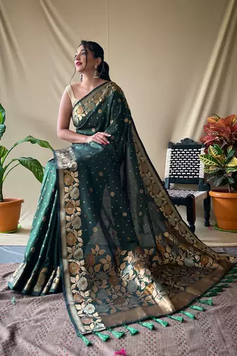 Women Green Soft Banarasi silk blend Saree Zari Weaving Rich Pallu Saree With Blouse For Women