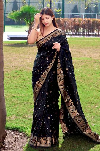 Women Black Banarasi Style Saree Zari Weaving Rich Pallu Saree With Blouse For Women