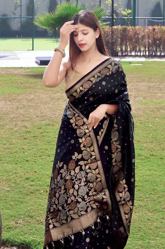 Women Black Banarasi Style Saree Zari Weaving Rich Pallu Saree With Blouse For Women