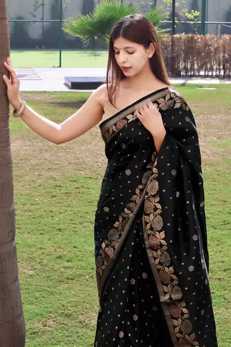 Women Black Banarasi Style Saree Zari Weaving Rich Pallu Saree With Blouse For Women
