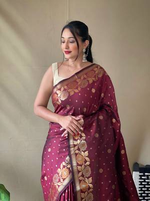 Women Maroon Soft Banarasi silk blend Saree Zari Weaving Rich Pallu Saree With Blouse For Women 2
