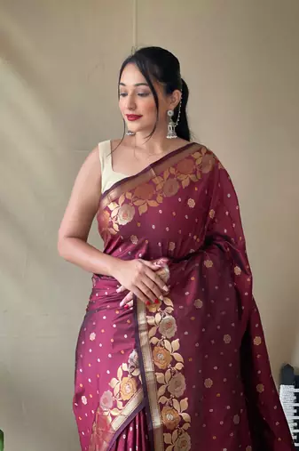 Women Maroon Soft Banarasi silk blend Saree Zari Weaving Rich Pallu Saree With Blouse For Women