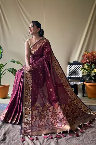 Women Maroon Soft Banarasi silk blend Saree Zari Weaving Rich Pallu Saree With Blouse For Women