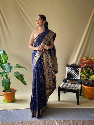 Women Dark Blue Soft Banarasi silk blend Saree Zari Weaving Rich Pallu Saree With Blouse For Women 1