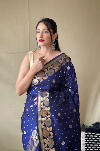 Women Dark Blue Soft Banarasi silk blend Saree Zari Weaving Rich Pallu Saree With Blouse For Women