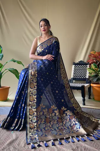 Women Dark Blue Soft Banarasi silk blend Saree Zari Weaving Rich Pallu Saree With Blouse For Women