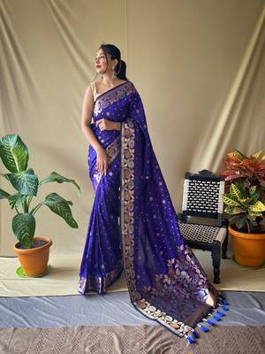 Women Violet Soft Banarasi silk blend Saree Zari Weaving Rich Pallu Saree With Blouse For Women 1