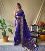 Women Violet Soft Banarasi silk blend Saree Zari Weaving Rich Pallu Saree With Blouse For Women