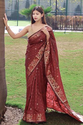 Women Dark Maroon Soft Banarasi silk blend Saree Zari Weaving Rich Pallu Saree With Blouse For Women