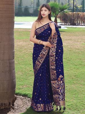 Women Blue Soft Banarasi silk blend Saree Zari Weaving Rich Pallu Saree With Blouse For Women 1
