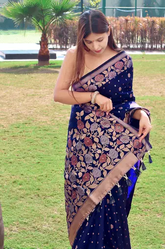 Women Blue Soft Banarasi silk blend Saree Zari Weaving Rich Pallu Saree With Blouse For Women