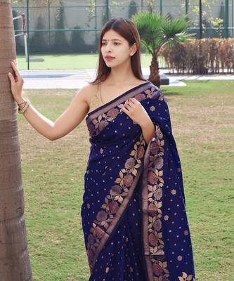 Women Blue Soft Banarasi silk blend Saree Zari Weaving Rich Pallu Saree With Blouse For Women 3