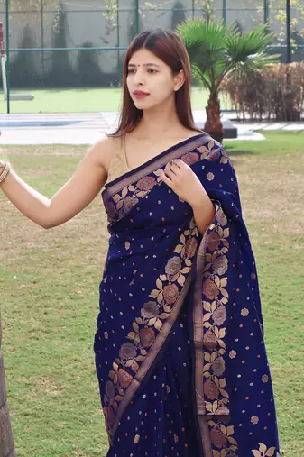 Women Blue Soft Banarasi silk blend Saree Zari Weaving Rich Pallu Saree With Blouse For Women