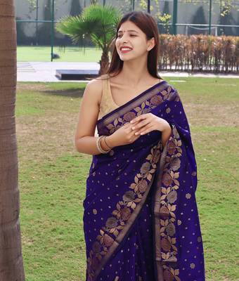 Women Indigo Soft Banarasi silk blend Saree Zari Weaving Rich Pallu Saree With Blouse For Women 2