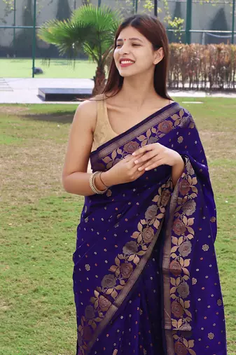 Women Indigo Soft Banarasi silk blend Saree Zari Weaving Rich Pallu Saree With Blouse For Women