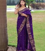 Women Dark Purple Soft Banarasi silk blend Saree Zari Weaving Rich Pallu Saree With Blouse For Women