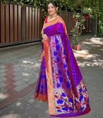 Purple Paithani style flower pattern thread & Zari work saree with Blouse