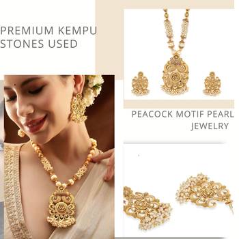 matte gold copper golden color temple theme peacock chain pendant with earrings 3