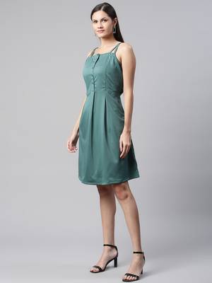 Women teal collard neck casual dress 3