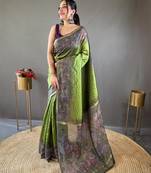 Green Traditional chanderi cotton bland print work saree with Blouse