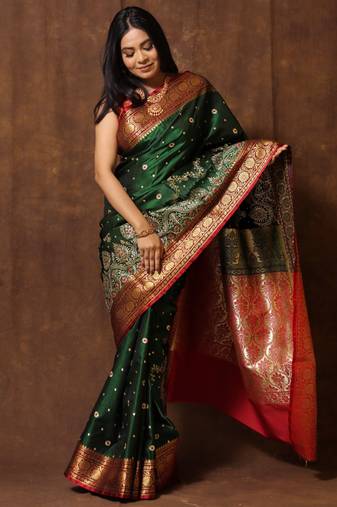 GS Creation Embroidered Banarasi Satin Saree  (Green)