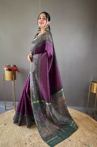 Purple Traditional chanderi cotton bland print work saree with Blouse