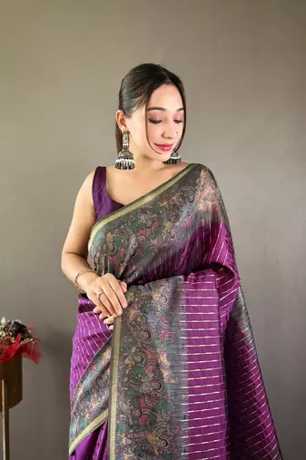 Purple Traditional chanderi cotton bland print work saree with Blouse