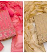 Women's graceful pink and light yellow heavy multi thread sequence embrodiery combo dress material