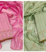 Women's classic baby pink and light green unstitched heavy multi thread combo dress material