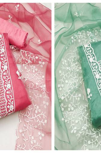 Women's exclusive pink and sea green unstitched heavy thread embrodiery combo dress material