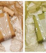 Women's fancy beige and light green unstitched heavy thread embrodiery combo dress material