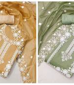 Women's lovely beige and light green heavy thread embrodiery combo dress material
