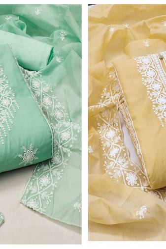Women's fashionable sea green and yellow unstitched heavy thread embrodiery combo dress material