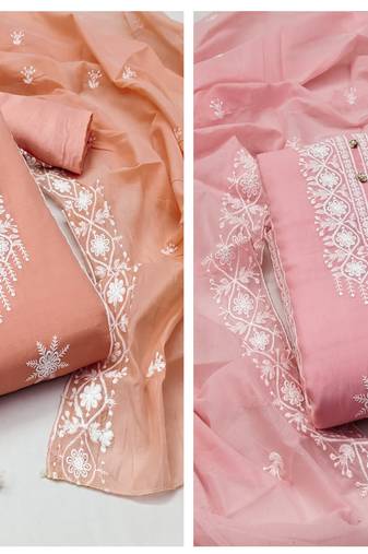 Women's dignified peach and pink unstitched heavy thread embrodiery combo dress material
