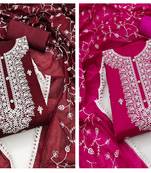Women's graceful maroon and pink unstitched heavy thread embrodiery combo dress material