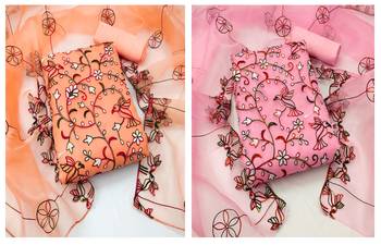 Women's charming peach and pink color heavy chain stitched embrodiery combo dress material 1
