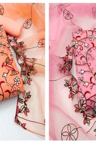 Women's charming peach and pink color unstitched heavy chain stitched embrodiery combo dress material