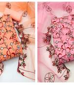 Women's charming peach and pink color heavy chain stitched embrodiery combo dress material