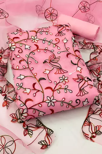 Women's charming peach and pink color heavy chain stitched embrodiery combo dress material