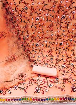 Women's charming peach and pink color heavy chain stitched embrodiery combo dress material 4