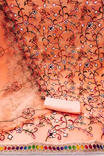 Women's charming peach and pink color heavy chain stitched embrodiery combo dress material