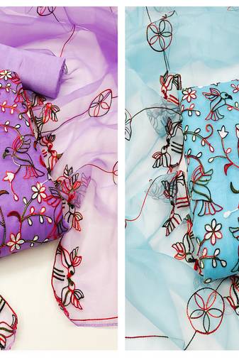 Women's exclusive purple and sky blue color unstitched heavy chain stitched embrodiery combo dress material