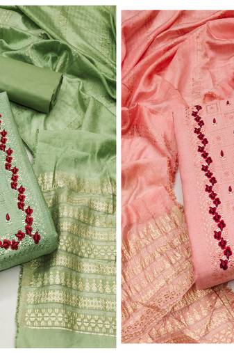 Women's graceful green and peach color unstitched embrodiered and fancy border combo dress material
