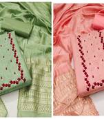 Women's graceful green and peach color unstitched embrodiered and fancy border combo dress material