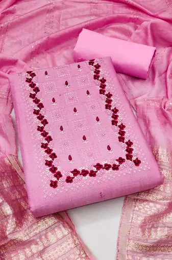 Women's dignified pink and purple color embrodiered and fancy border combo dress material