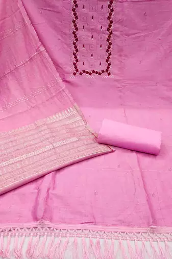 Women's dignified pink and purple color embrodiered and fancy border combo dress material